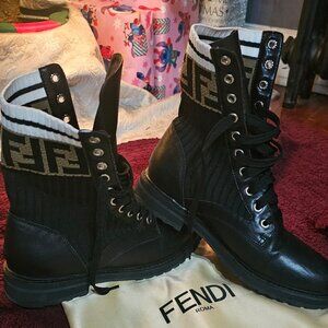 Fendi Roma FF Logo Knit Combat Boots Black Leather Sock Boots EU 38